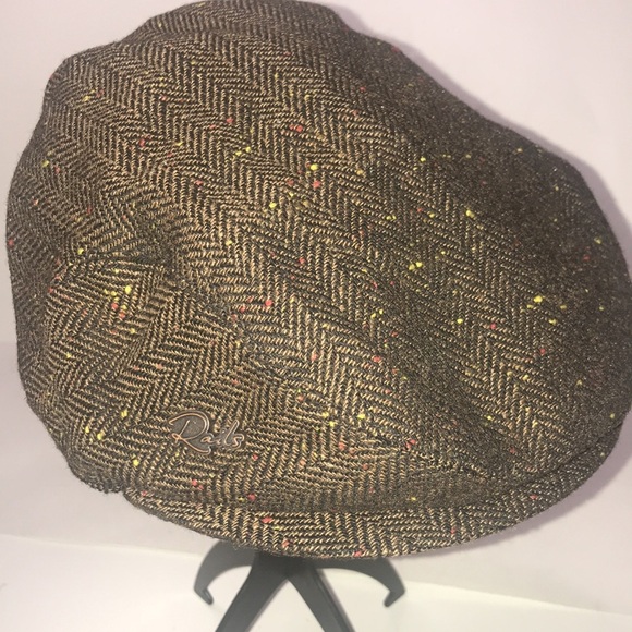 Flat Top Cap Newsboy Tweed Herringbone Brown Hat Rails Unisex - Picture 2 of 12